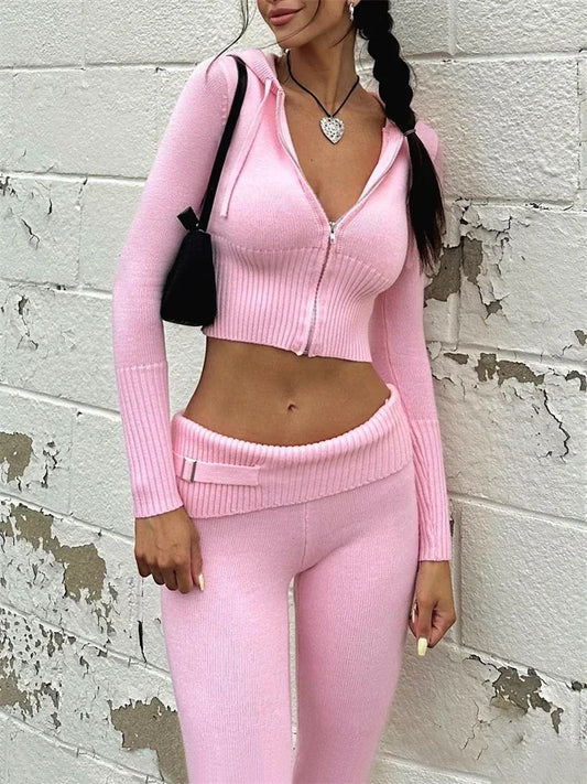 RF New Knitted Hoodie Cropped Top And Pants Sets
